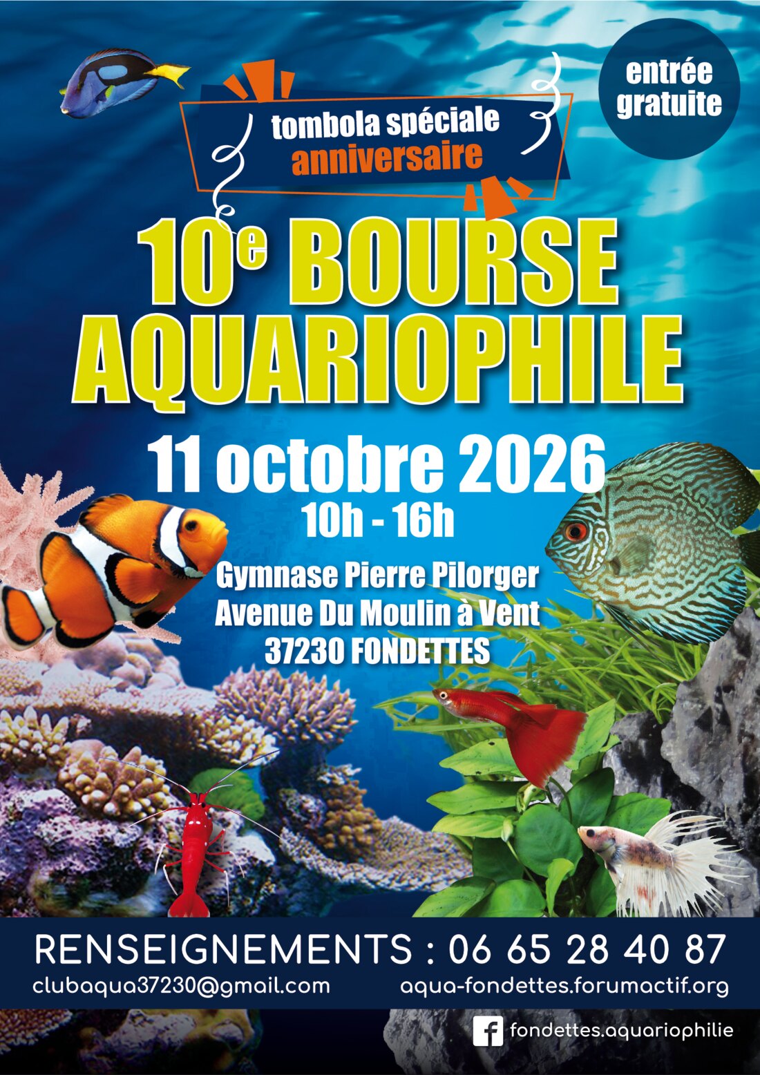 Affiche de la 10e Bourse Aquariophile de Fondettes, le 11 octobre 2026 au gymnase Pierre Pilorger